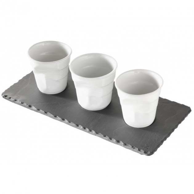 Gobelets Froisses Revol sur plateau de presentation Basalt Revol Gobelets Froisses Revol sur plateau de presentation Basalt Revol