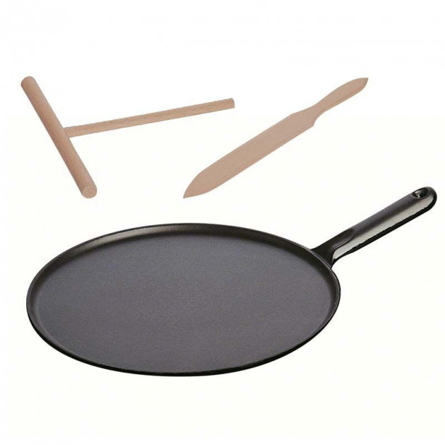 Crepiere en fonte noire Staub 30 cm (+ 1 spatule et 1 repartiteur)