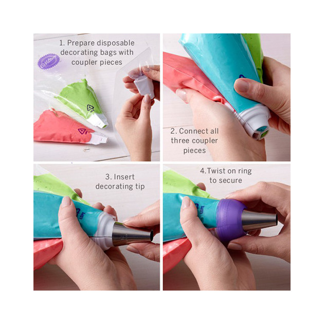 L'adaptateur s'utilise avec 3 poches a douilles. et une douille. fixees par l'anneau de securite. L'adaptateur s'utilise avec 3 poches a douilles. et une douille. fixees par l'anneau de securite.