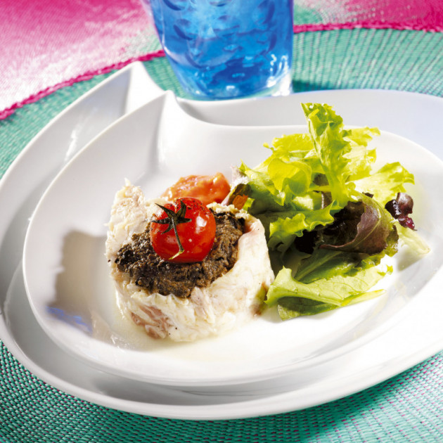 Effiloche de raie a la tapenade realise avec la nonnette larme Gobel Effiloche de raie a la tapenade realise avec la nonnette larme Gobel