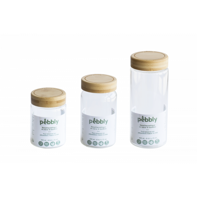 Toute la gamme Pebbly de bocaux hermétiques en verre et couvercle à vis en bambou