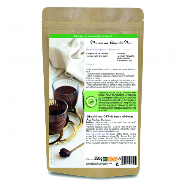 Fondettes Chocolat Noir Bio 64% 250g Weiss Chocolat de Couverture  Fondettes Chocolat Noir Bio 64% 250g Weiss Chocolat de Couverture