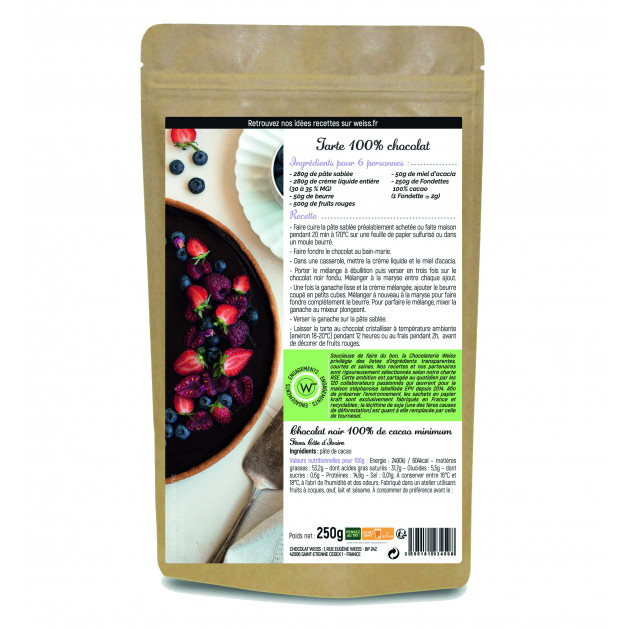 Fondettes Chocolat Noir 100% 250g Weiss Chocolat de Couverture  Fondettes Chocolat Noir 100% 250g Weiss Chocolat de Couverture