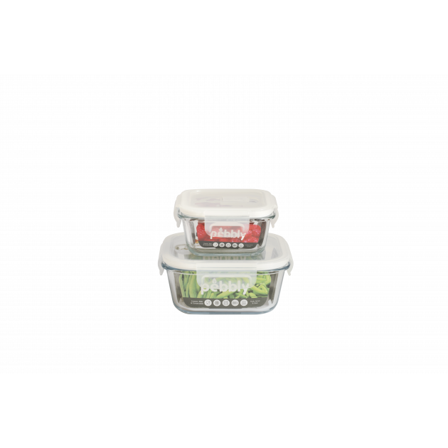 Ensemble de la gamme Pebbly des boîtes hermétiques de forme carrée en verre et plastique
