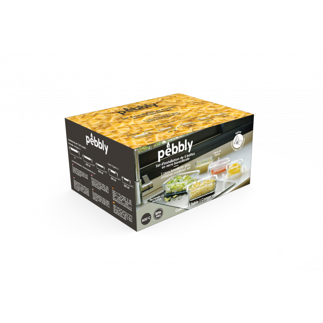 Packaging du set 5 boîtes alimentaires verre et plastique Pebbly Packaging du set 5 boîtes alimentaires verre et plastique Pebbly