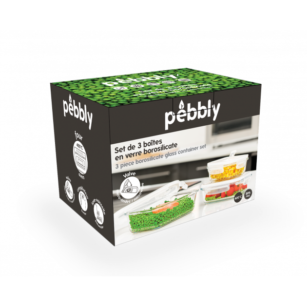 Set de 3 boîtes hermétiques rectangulaires en verre et plastique Pebbly - Packaging