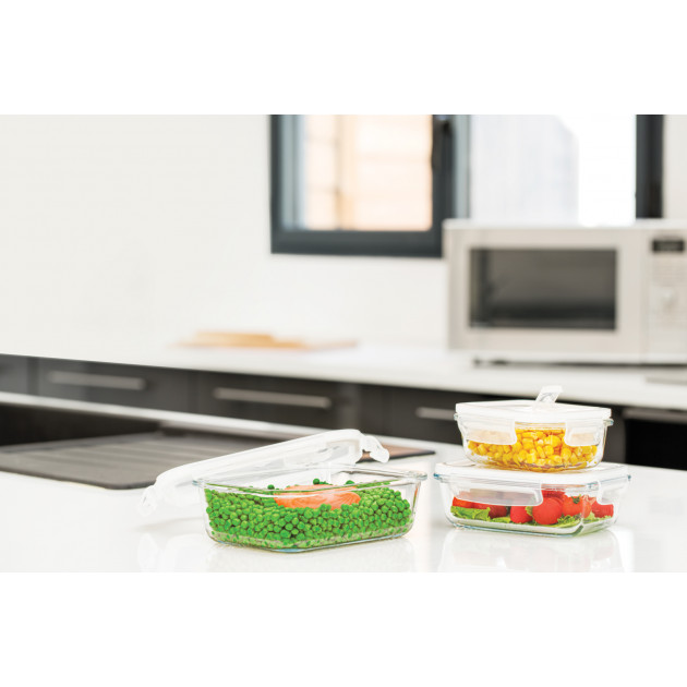 Mise en situation des 3 boîtes alimentaires rectangles verre et couvercle plastique Pebbly