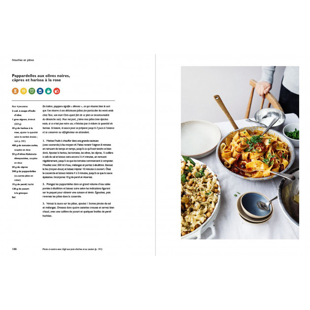 Livre Hachette Cuisine, recettes pâtes : pappardelles aux olives, câpres et harissa à la rose Livre Hachette Cuisine, recettes pâtes : pappardelles aux olives, câpres et harissa à la rose