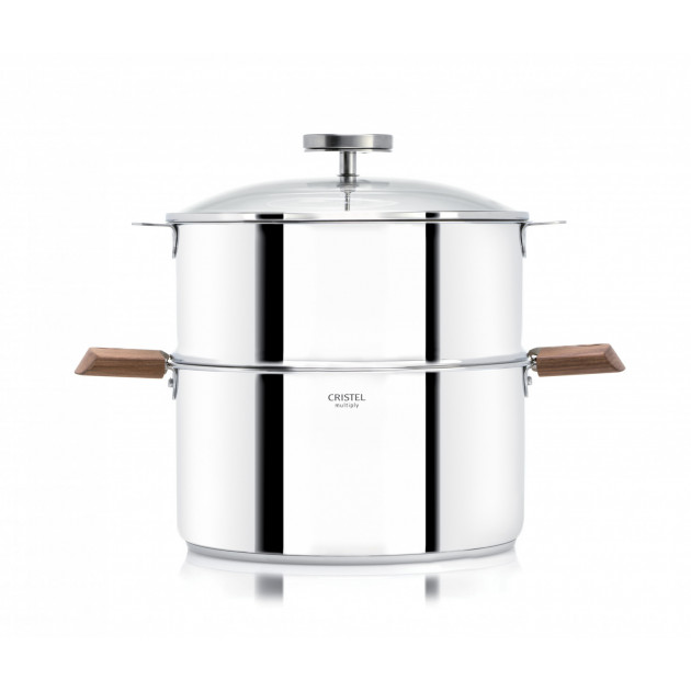 Cuiseur vapeur inox diamètre 20 cm, avec anses bois noyer - Biome Cristel Cuiseur vapeur inox diamètre 20 cm, avec anses bois noyer - Biome Cristel
