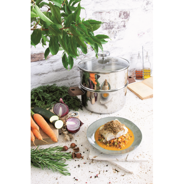 Idée recette cuit vapeur : brunoise de légumes et cabillaud - Collection Biome par Cristel