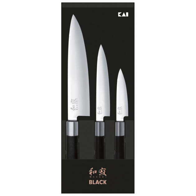 Coffret 3 Couteaux Japonais Universel 10 cm Universel 15 cm et Chef 20 cm Wasabi Black Kai