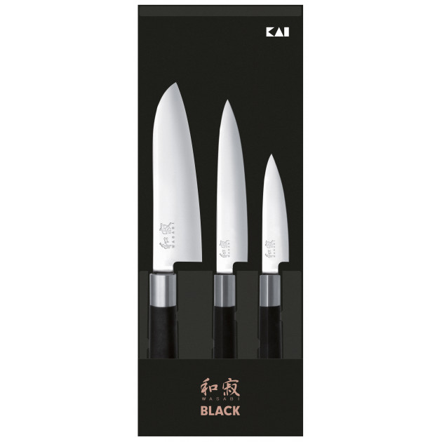 Coffret 3 Couteaux Japonais Universel 10 cm Universel 15 cm et Santoku 16,5 cm Wasabi Black Kai