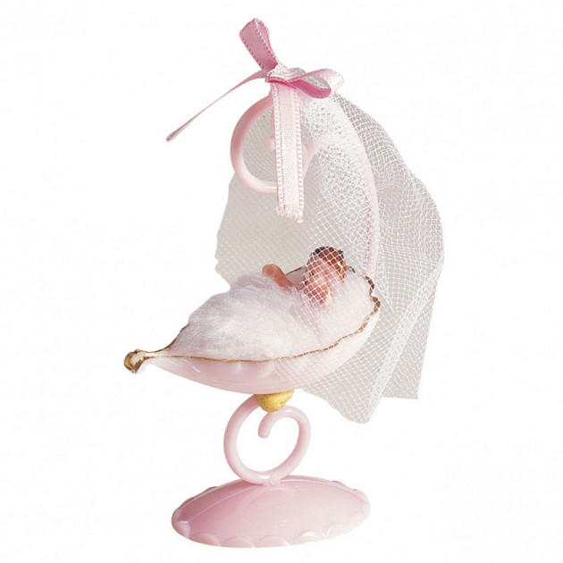 Sujet bapteme Fille Berceau Rose 10 cm