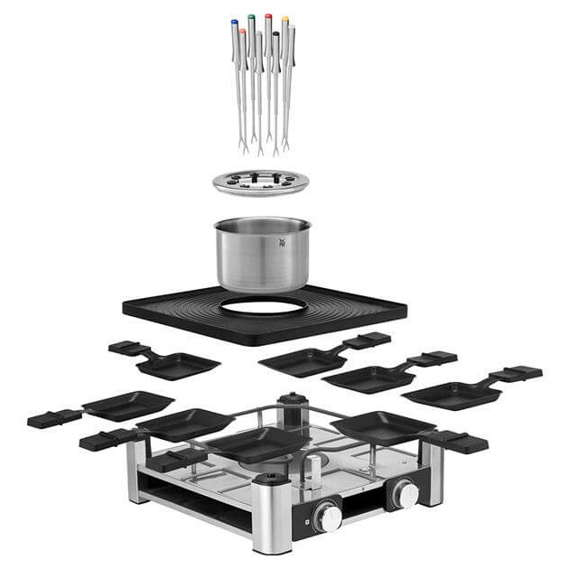 Détail et vue éclatée de l'appareil à fondue et raclette party pour 8 personnes WMF