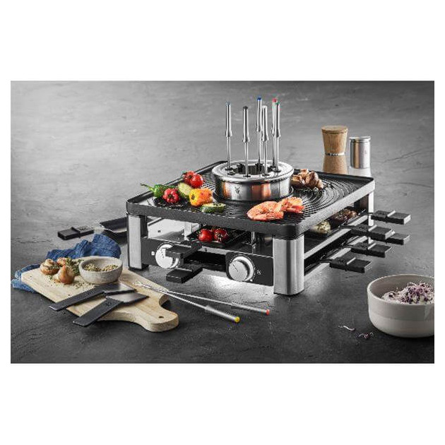 Mise en situation de la Station Gourmet Lumero WMF avec appareil raclette grill & caquelon fondue 