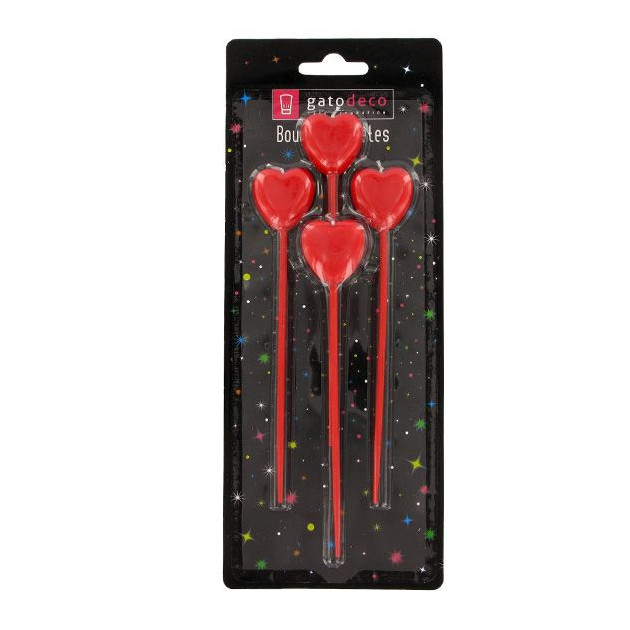 Lot de 4 Bougies Coeurs Rouges sur Piques Lot de 4 Bougies Coeurs Rouges sur Piques
