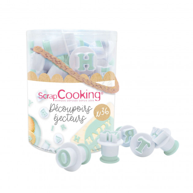 Seau 36 découpoirs éjecteurs lettres et chiffres ScrapCooking