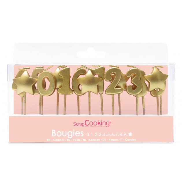 Lot de bougies dorées 0 à 9 + 5 étoiles ScrapCooking