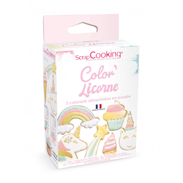 FIN DE SERIE Lot de 3 colorants alimentaires en poudre, rose, vert et doré 5g ScrapCooking