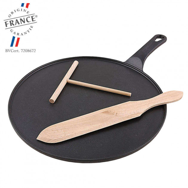 Crêpière Fonte Émaillée 30 cm Noir avec Accessoires Chasseur