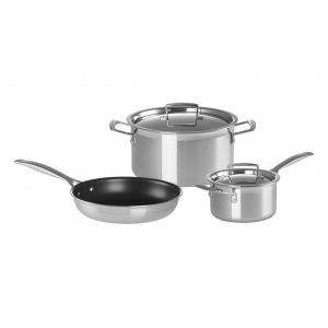 Set 3 Pièces Faitout, Poêle et Casserole avec Couvercle Inox Le Creuset Set 3 Pièces Faitout, Poêle et Casserole avec Couvercle Inox Le Creuset