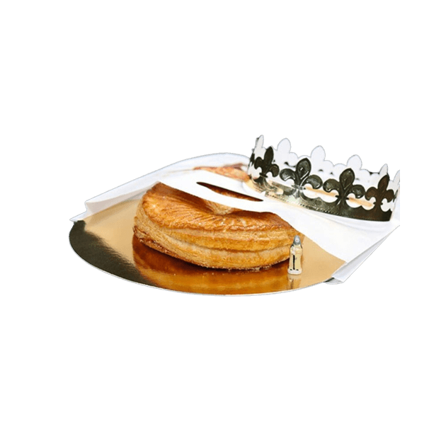 Kit galette des rois : un sac galette, une couronne, une fève et un support  rond doré - Patisdecor