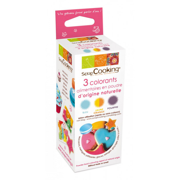 DLUO Dépassée Lot de 3 Colorants en Poudre Alimentaire Pourpre/Orange/Bleu Scrapcooking