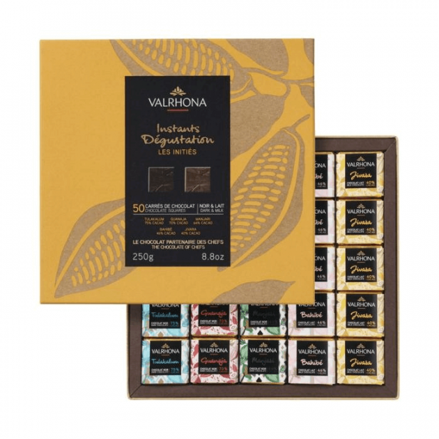 Coffret 50 Carrés de Chocolats Noir et Lait Les Initiés 250 g Valrhona