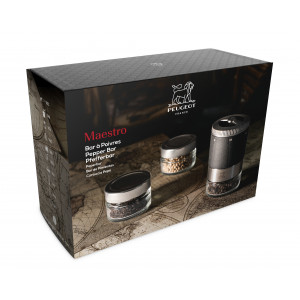 Bar à poivre Maestro avec Moulin, Réservoirs et 3 poivres Peugeot Bar à poivre Maestro avec Moulin, Réservoirs et 3 poivres Peugeot