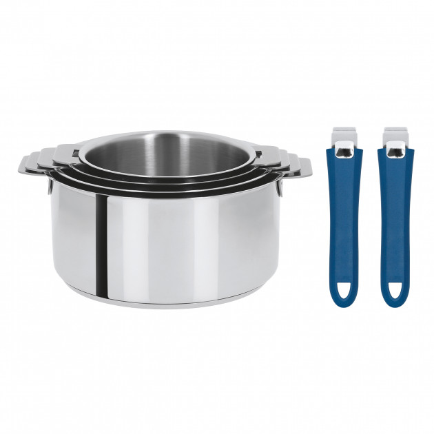 Lot de 4 Casseroles inox avec 2 Poignées Bleues Mutine Amovibles Cristel