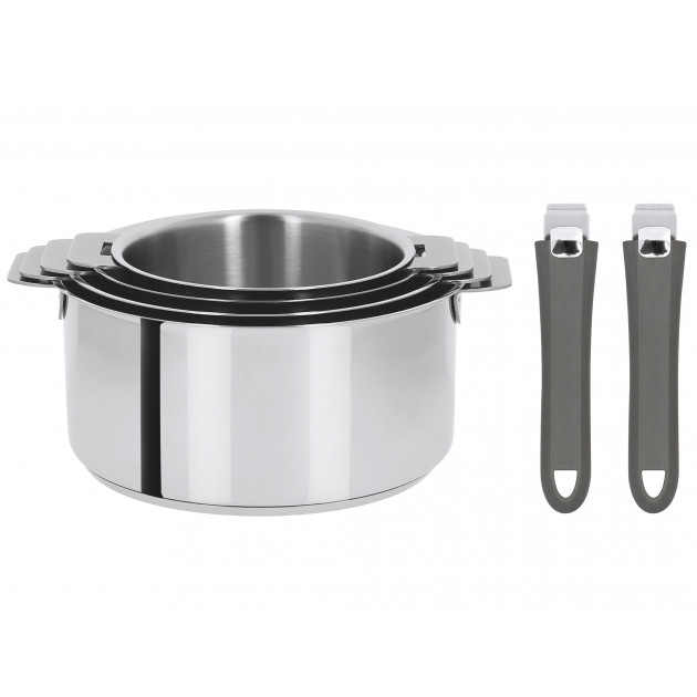 Lot de 4 Casseroles inox avec 2 Poignées Grises Mutine Amovibles Cristel