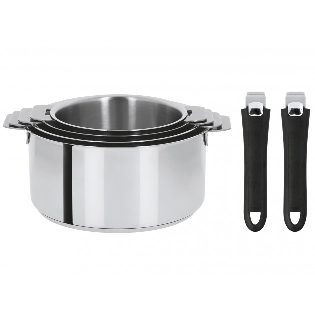 Lot de 4 Casseroles inox avec 2 Poignées Noires Mutine Amovibles Cristel