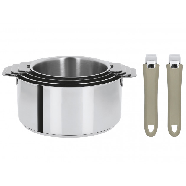 Lot de 4 Casseroles inox avec 2 Poignées Taupe Mutine Amovibles Cristel