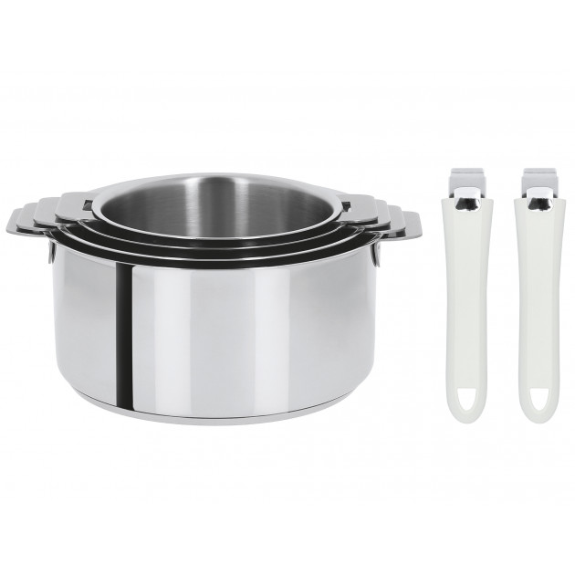 Lot de 4 Casseroles inox avec 2 Poignées Blanches Mutine Amovibles Cristel