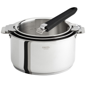 Lot de 3 Casseroles inox Casteline avec 1 Poignée Mutine Amovible Cristel Lot de 3 Casseroles inox Casteline avec 1 Poignée Mutine Amovible Cristel