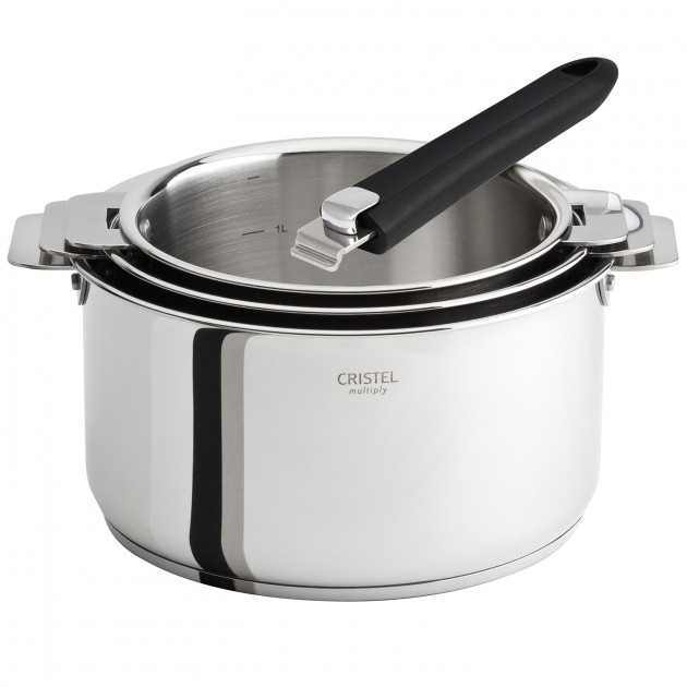 Lot de 3 Casseroles inox Casteline avec 1 Poignée Mutine Amovible Cristel