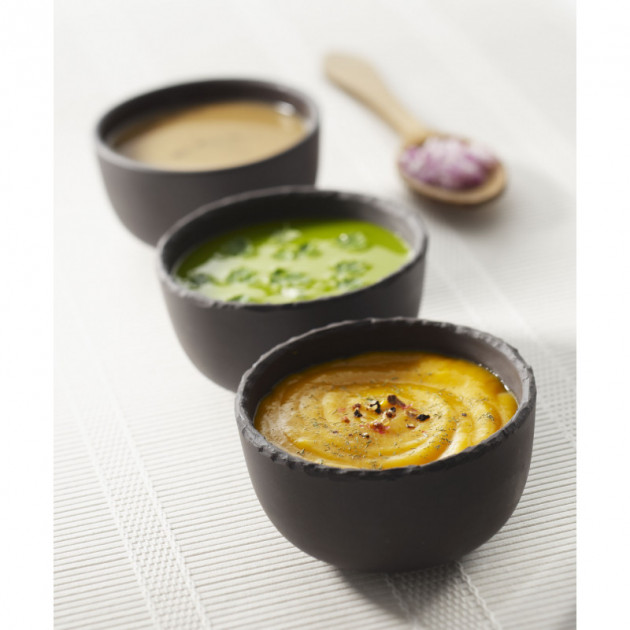 Assortiment de soupes dans les bols en porcelaine Basalt Revol Assortiment de soupes dans les bols en porcelaine Basalt Revol