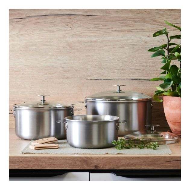 3 casseroles Ø 16, 20 et 24 cm + Lot 2 anses Loqy + 3 couvercles en verre 