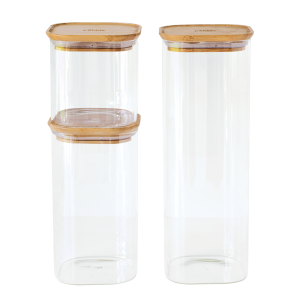 Lot de 3 Boîtes de Conservation en Verre Carrée Couvercle Bambou Pebbly Lot de 3 Boîtes de Conservation en Verre Carrée Couvercle Bambou Pebbly