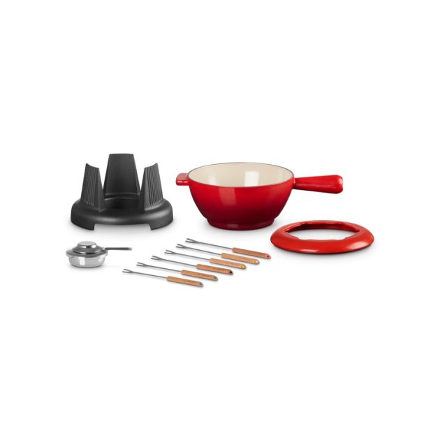 Kit pour fondue Le Creuset : caquelon, 6 fourchettes, protection anti-éclaboussure, réchaud Kit pour fondue Le Creuset : caquelon, 6 fourchettes, protection anti-éclaboussure, réchaud