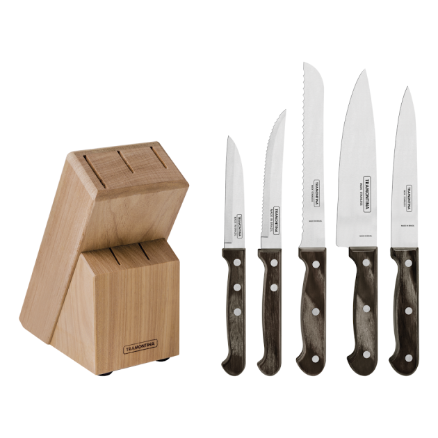 Bloc à Couteaux + 5 Couteaux de Cuisine Inox et Technobois Tramontina