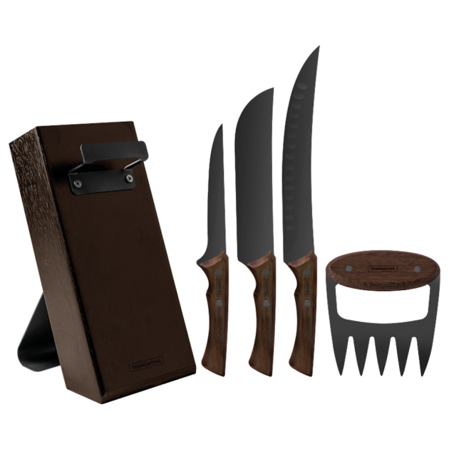 Bloc à Couteaux + 3 Couteaux de Cuisine Inox et Bois Black Tramontina
