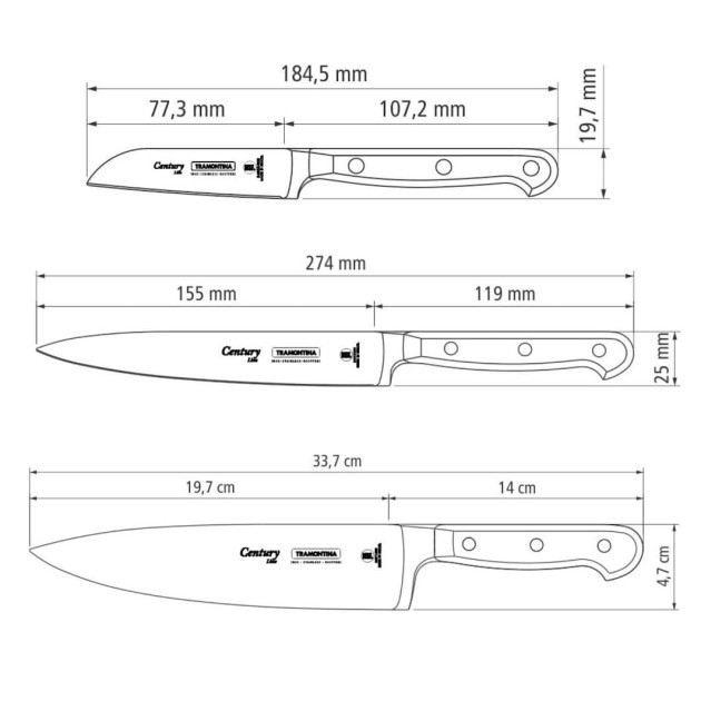 Dimensions Lot de Couteaux Century Tramontina Office 8, Universel 15, Chef 20  Dimensions Lot de Couteaux Century Tramontina Office 8, Universel 15, Chef 20