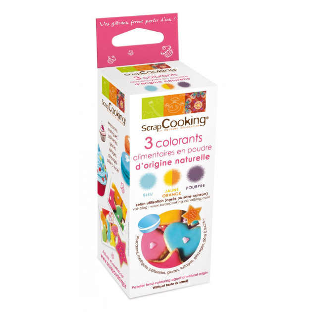 DLUO Courte Lot de 3 Colorants en Poudre Alimentaire Pourpre/Orange/Bleu Scrapcooking