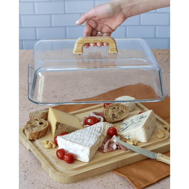 Démonstration couvercle en verre avec poignée en bois pour plat à fromage Pebbly Démonstration couvercle en verre avec poignée en bois pour plat à fromage Pebbly