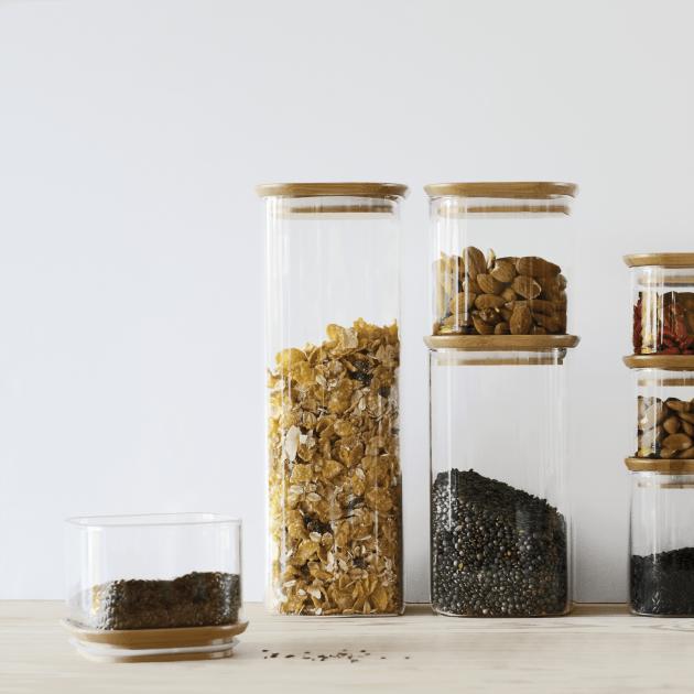 Ensemble collection boites de conservation transparentes couvercle bambou