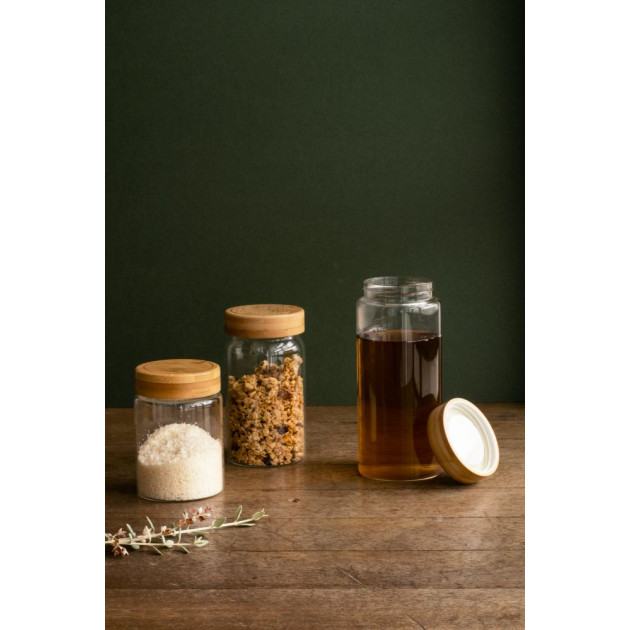 Pot en verre rond avec couvercle en bois Pebbly