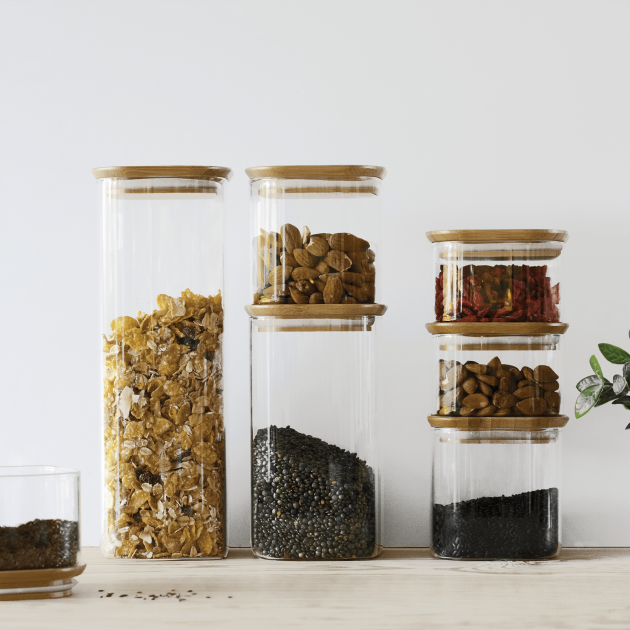 Pot transparent moyen haut avec couvercle en bois Pebbly