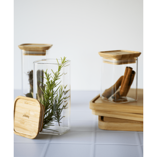 Pots en verre avec couvercle en bois de bambou Pebbly