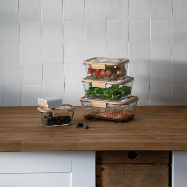 Ensemble 4 boites en verre avec couvercle et pompe de mise sous vide Ensemble 4 boites en verre avec couvercle et pompe de mise sous vide